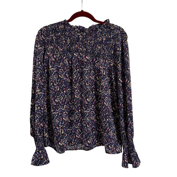 THML Navy Floral Print Smocking Details‎ Blouse Size L - Picture 1 of 9